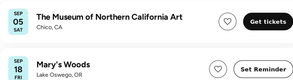 Bandsintown listing rows for the Chico and Lake Oswego concerts